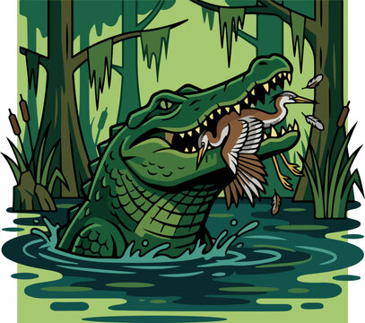 Crocodile catching a bird prey.