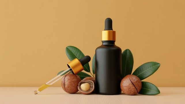 Matte black dropper bottle with macadamia nuts and green leaves