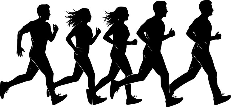 Running men and women, vector silhouettes. Run, side view. Silhouettes of athletic looking male and female runners running. Monochrome vector illustration. Transparent EPS version.