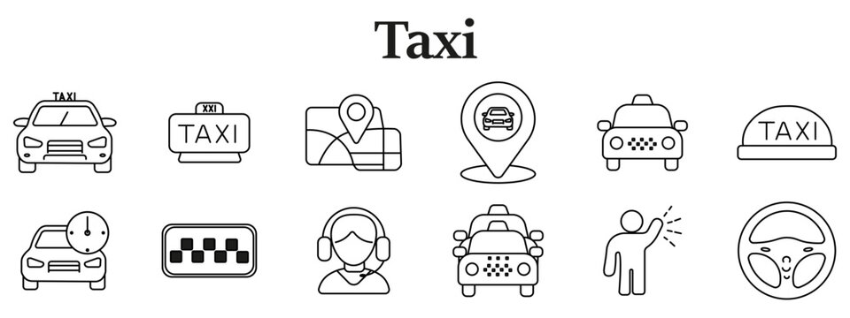 Taxi set icon. Line icons depict cab vehicle, roof sign plate, navigation map, location marker auto, front vehicle, service sign, timer meter, checker pattern tile, operator headset, transport auto