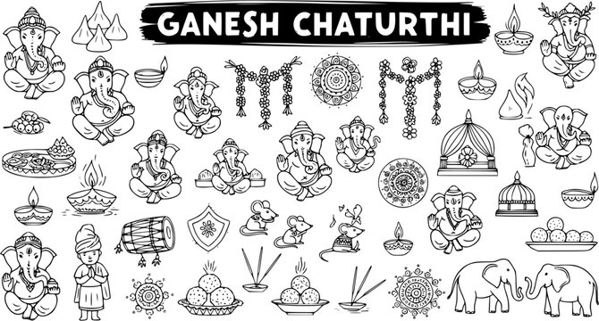 Ganesh Chaturthi Festival Black and White Line Art Doodles. Hand-drawn Lord Ganesha, Modaks, Diyas, and Indian Cultural Symbols Icon Set.