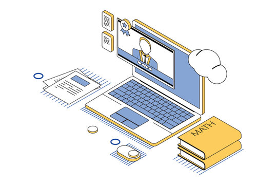 Conceptual isometric 3D illustration of an e-learning platform featuring a laptop with video lessons, textbooks, and mathematics tools. Suitable for Diagrams, Infographics, Book Illustration