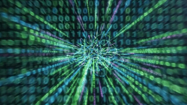 Digital Data Stream Abstract Binary Code Tunnel with Glowing Lines and Network Connections
