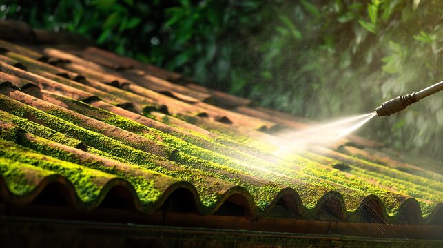 Cleaning a mossy roof with a pressure washer.