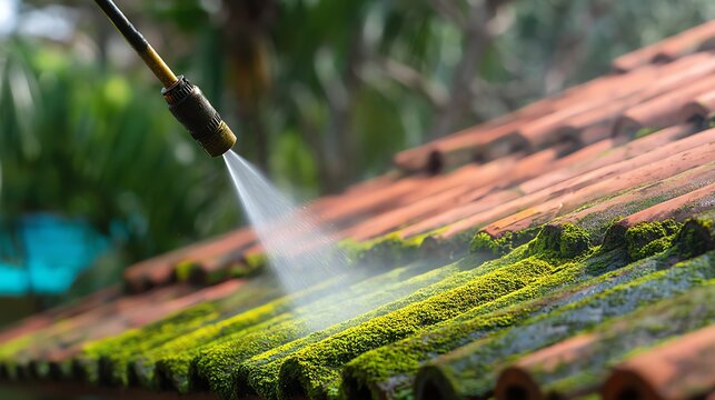 Cleaning moss from a roof with a pressure washer.