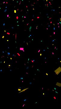 colorful confetti rain isolated alpha channel anmation,  birthday party and anniversary celebration overlay vertical social media motion design element