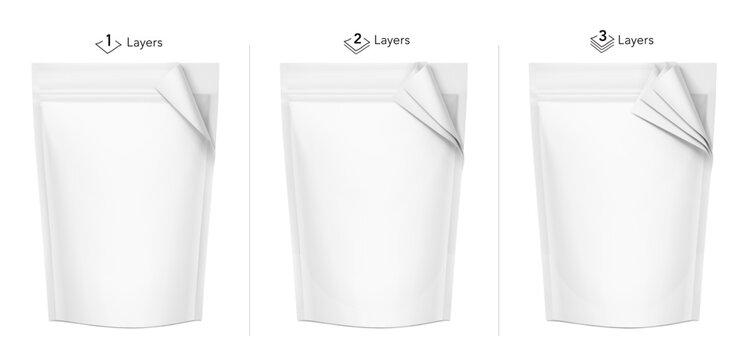 Realistic stand up pouch bag mockup for example of a multilayer packaging film structure for food, pet products and etc. Vector illustration isolated on white background. Ready for your design. EPS10.