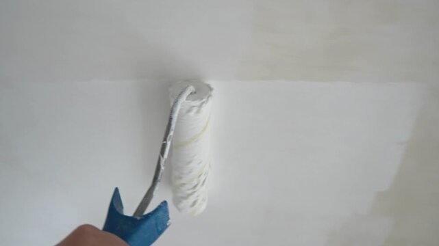A builder paints a ceiling with a roller white, construction and renovation