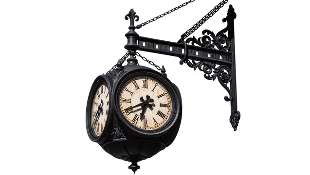 Ornate black double-faced station clock with Roman numerals, isolated on transparent background
