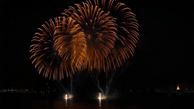 Dramatic firework display bursting over water against a black sky, with distant city lights