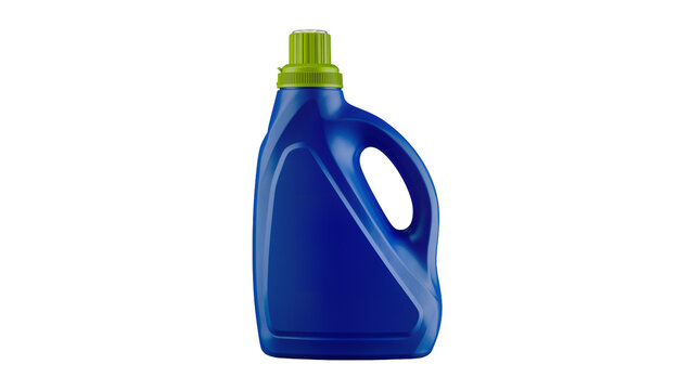 Blue plastic laundry detergent bottle with green cap, isolated on transparent background