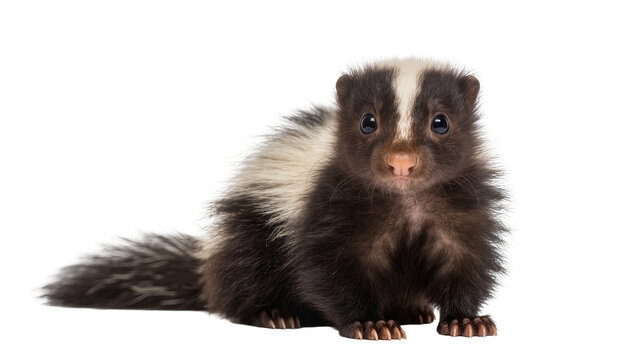 Fluffy baby skunk with black and white fur, isolated on transparent background