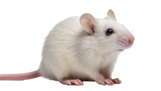 Fluffy white laboratory mouse with pink ears and tail, isolated on transparent background