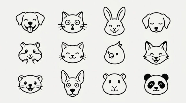 Collection of Cute Hand Drawn Animal Faces Icons Vector.