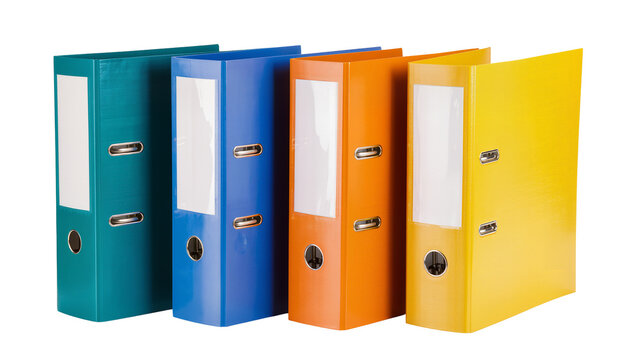 Four colorful ring binders with label holders, isolated on transparent background