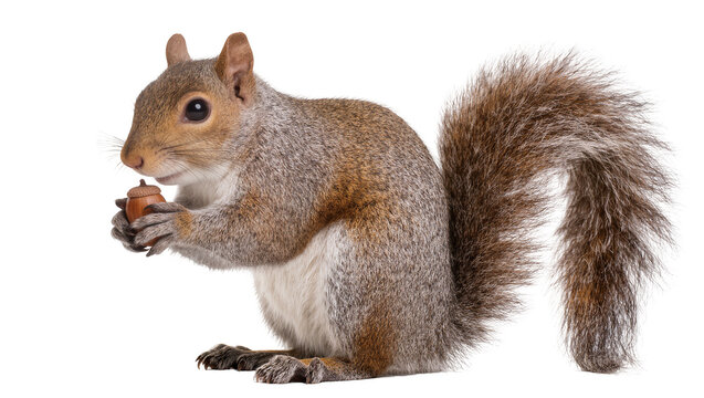 Grey squirrel holding an acorn, isolated on transparent background