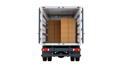 Rear view of a delivery truck filled with stacked cardboard boxes, isolated on transparent background © Sofix