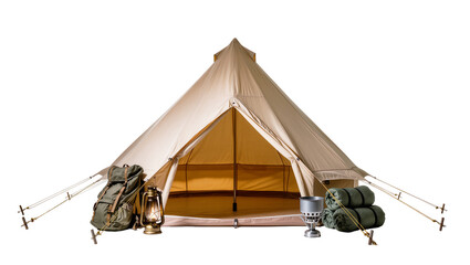Beige canvas bell tent with camping gear, isolated on transparent background © Sofix
