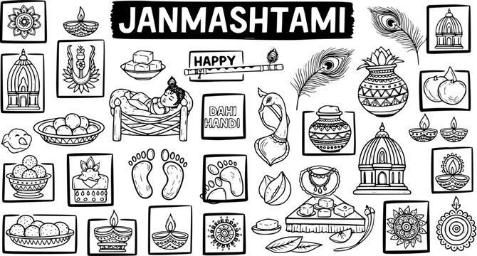 Janmashtami Hindu Festival Black  White Line Art Doodle Icons: Lord Krishna, Temple, Peacock Feather, Diya, and Traditional Indian Celebration Elements
