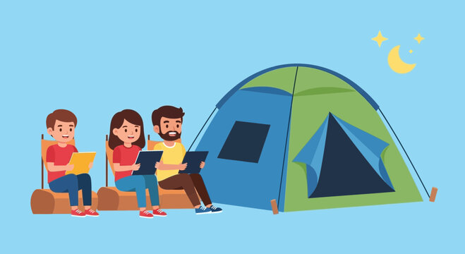 Camping Trip with Friends: Reading Books by the Tent Under the Night Sky