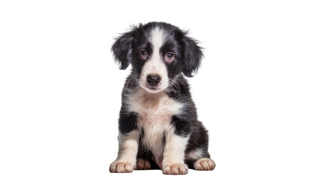 Black and white border collie puppy sitting, isolated on transparent background
