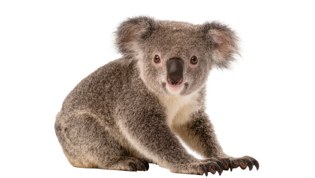 Fluffy grey koala bear sitting, isolated on transparent background