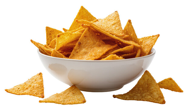 Crispy golden corn tortilla chips piled high in a white bowl, isolated on transparent background