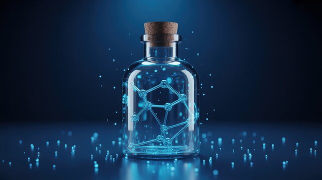 Glowing blue molecule structure in glass apothecary bottle with cork, 3D render