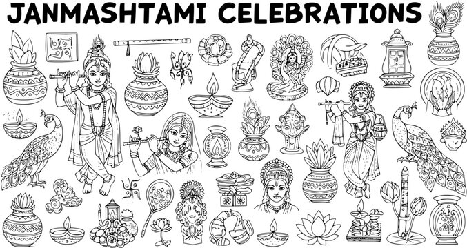 Janmashtami Celebrations Black and White Line Art Doodle Set for Hindu Festival, featuring Lord Krishna, Radha, Peacocks, Flutes, Diyas, and Indian Culture.