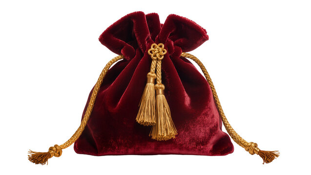 Rich red velvet drawstring pouch with gold tassels, isolated on transparent background