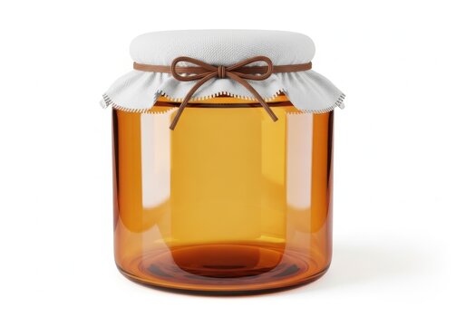 Empty amber glass jar with a white fabric lid and brown string bow