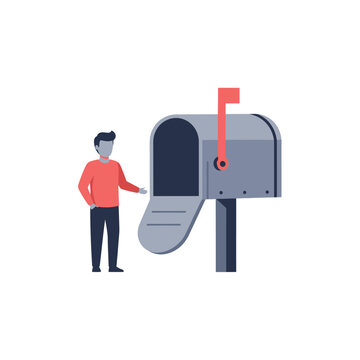 Person checking open gray mailbox with red notification flag