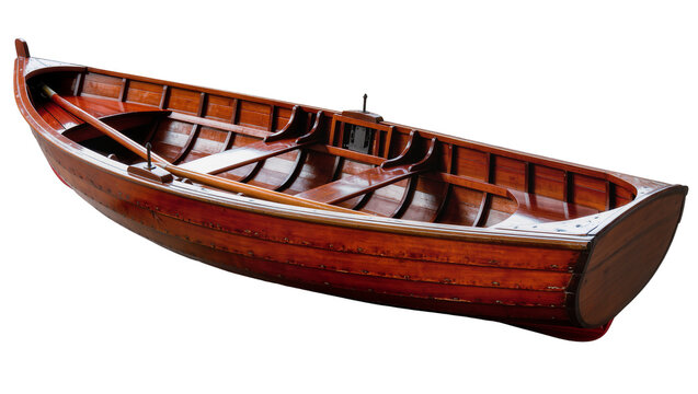 Polished wooden rowing boat with oars, isolated on transparent background
