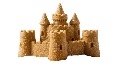 Detailed sandcastle with multiple towers and crenellated walls, isolated on transparent background © Sofix