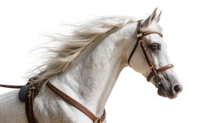 Majestic white horse with flowing mane and leather bridle, isolated on transparent background © Sofix
