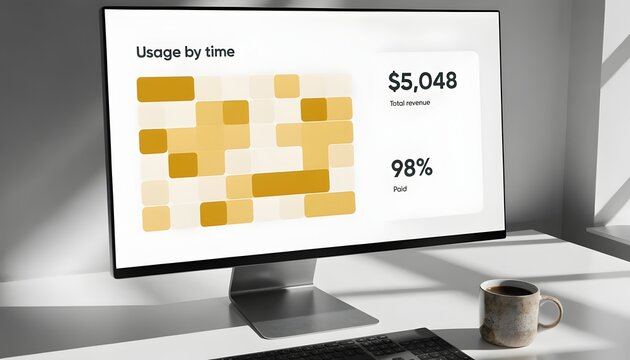 Computer monitor displaying financial data and usage statistics on a desk with a coffee cup.
