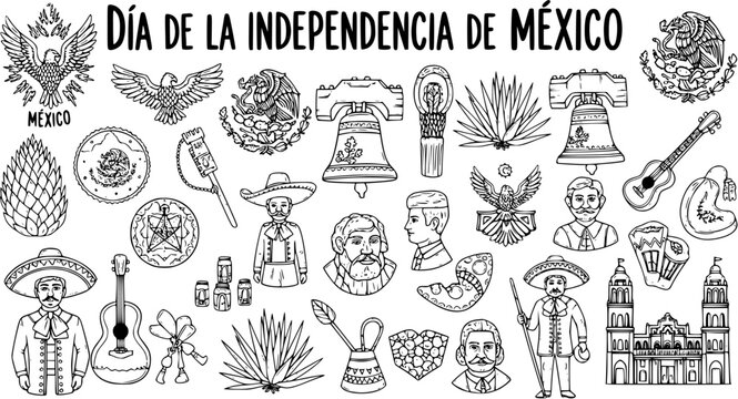 Mexican Independence Day Black  White Line Art Doodles: Culture  History Icons Set with Traditional Symbols  Historical Figures