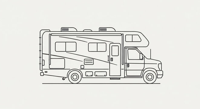 Detailed line art rendering of a modern RV motorhome, side profile, showcasing its recreational living space and automotive design elements, on a minimalist background.