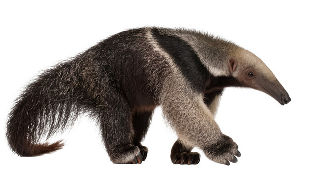 Giant anteater with bushy tail walking, isolated on transparent background