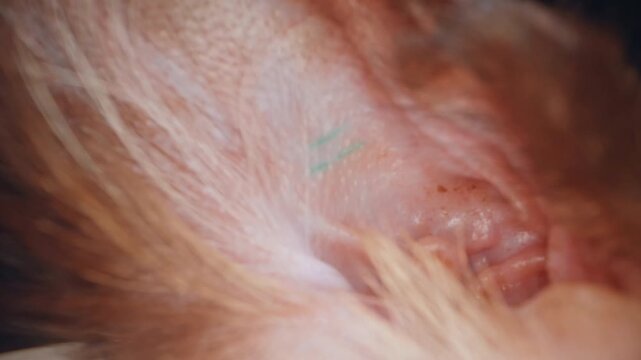 Extreme Macro View of Siamese Cat Ear Canal With Identification Mark, Detailed Animal Anatomy and Fur Texture in Soft Focus Cinematic Closeup