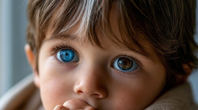A close-up portrait of a young child with Waardenburg syndrome, striking heterochromia with one vivid blue eye and one deep brown eye, a distinctive white forelock in dark hair