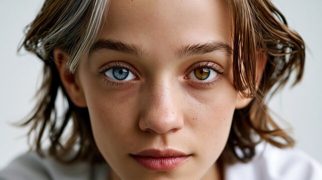 A person with Waardenburg syndrome, clearly showing bilateral heterochromia iridis, congenital white forelock, broad nasal root, neutral expression, clean white background