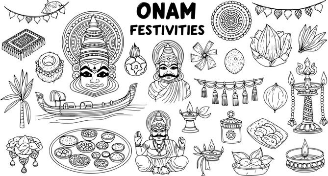 Onam festival illustration: Black and white line art depicting cultural elements like boat, elephant, lamp, food, and people.