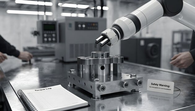 Industrial robotic arm paused over precision assembly task in modern laboratory setting