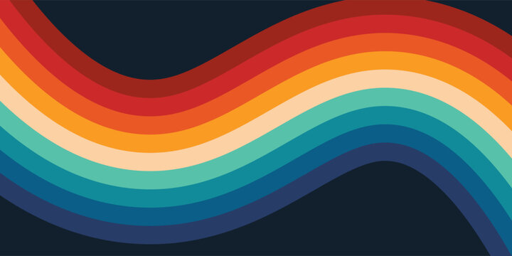 Abstract colorful 70s background vector. Vintage retro style wallpaper with lines, rainbow wavy stripes. 1970 color illustration design suitable for poster, banner, decorative, wall art.