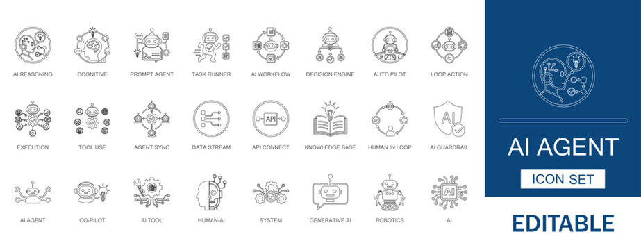 AI Agent Artificial Intelligence Workflow Automation Vector Icon Set.