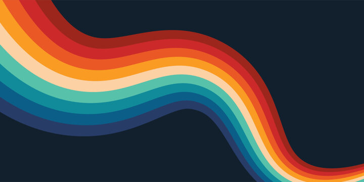 Abstract colorful 70s background vector. Vintage retro style wallpaper with lines, rainbow wavy stripes. 1970 color illustration design suitable for poster, banner, decorative, wall art.
