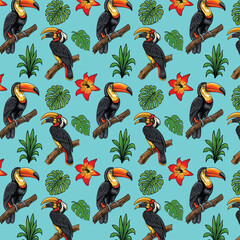 Naklejka premium Detailed retro hand-drawn seamless pattern with exotic toucan and hornbill birds amidst tropical monstera leaves and hibiscus flowers on a cyan background