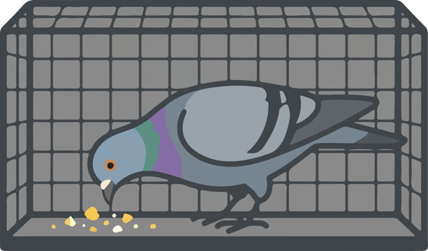 Pigeon eating seeds in cage.