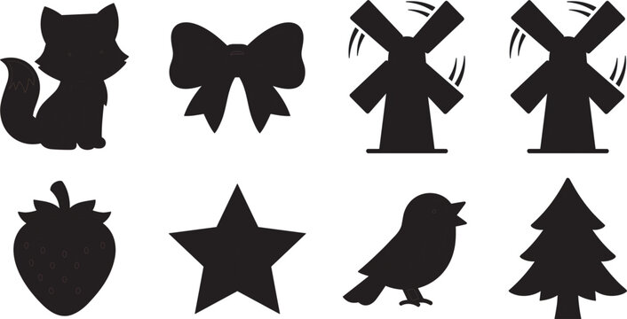 Black silhouette vector icon collection featuring cartoon wild fox, decorative ribbon bow, traditional windmills, sweet strawberry fruit, classic star shape, singing songbird, green pine tree ..